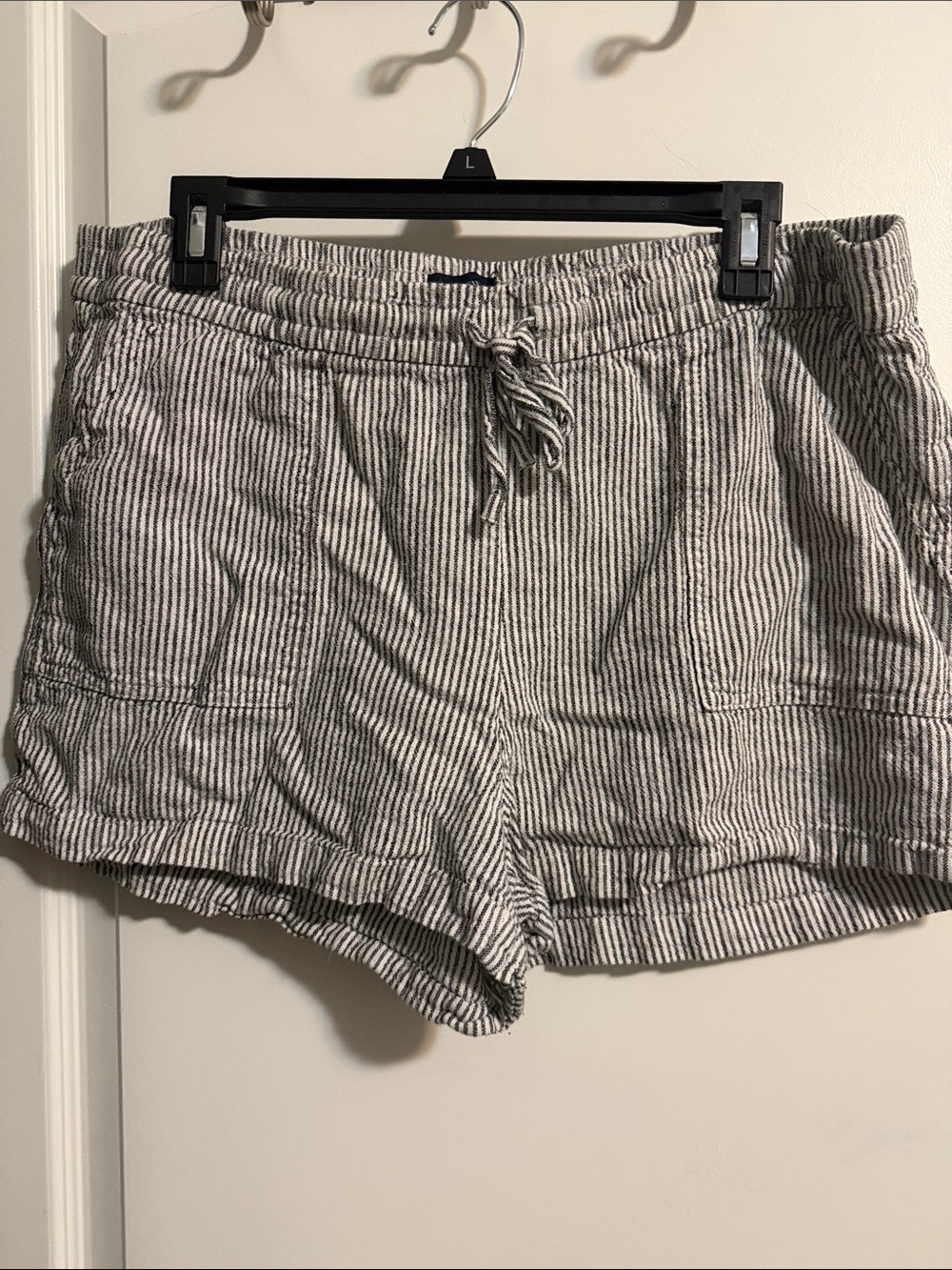 J. Crew Black and White Pinstripe High-Rise Drawstring Shorts